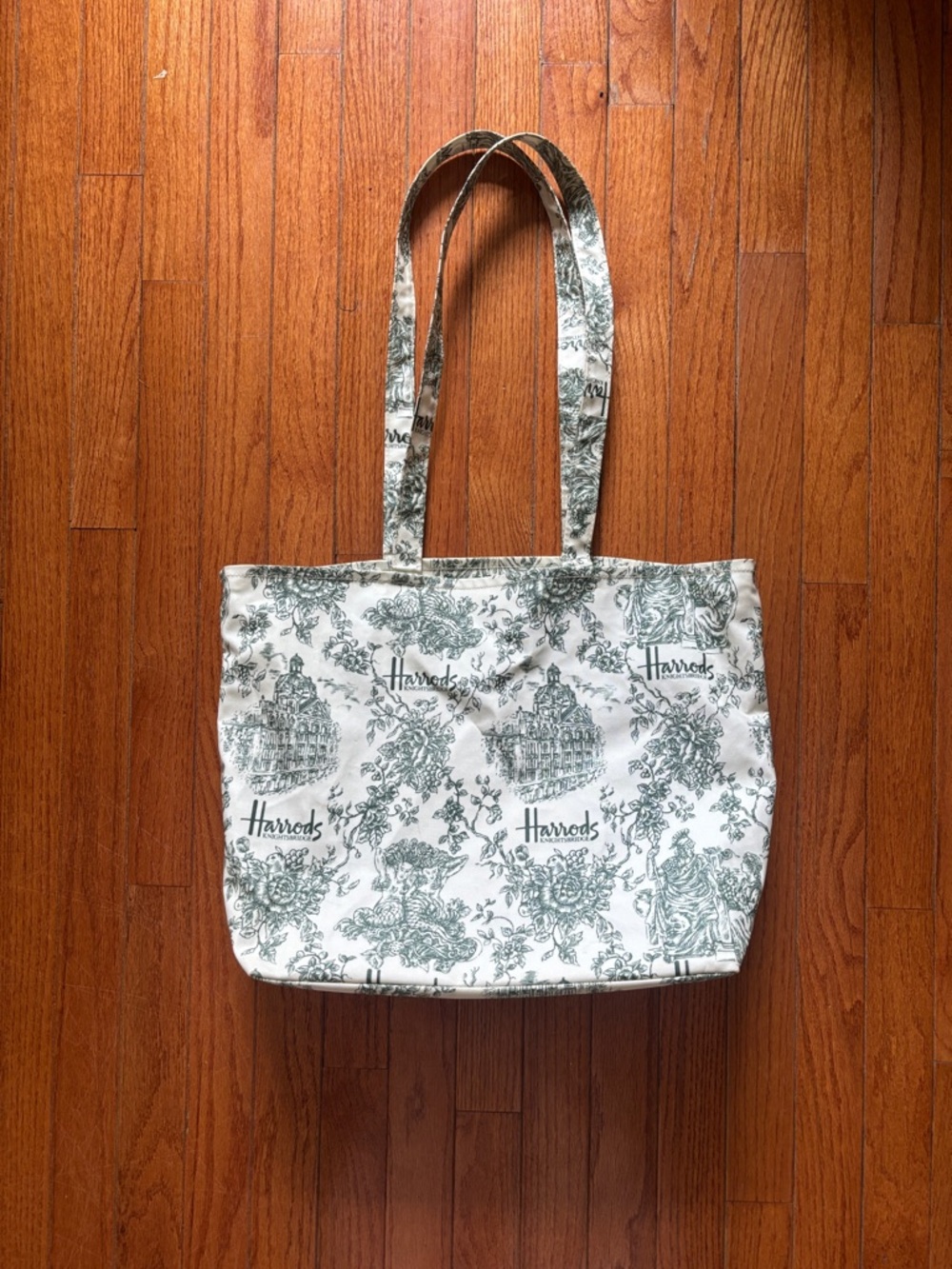 Harrods White and Green Toile Canvas Shopper Tote